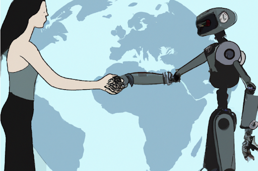 AI-generated illustration of a woman shaking hands with a robot in front of a world map