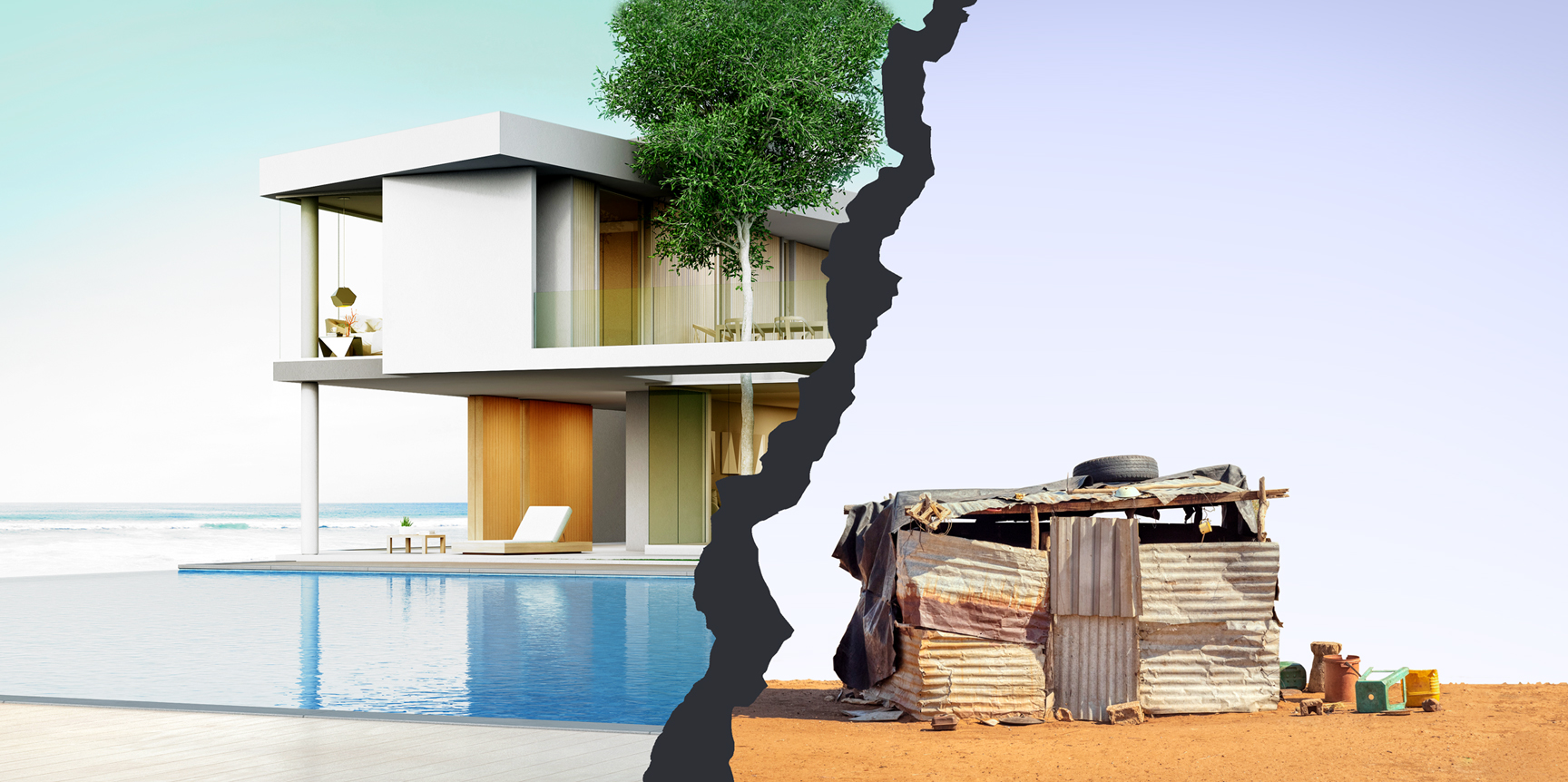 Comparison of the housing conditions of the poor and the rich: On the left side one can see a luxurious villa with a pool, on the right a corrugated iron hut.