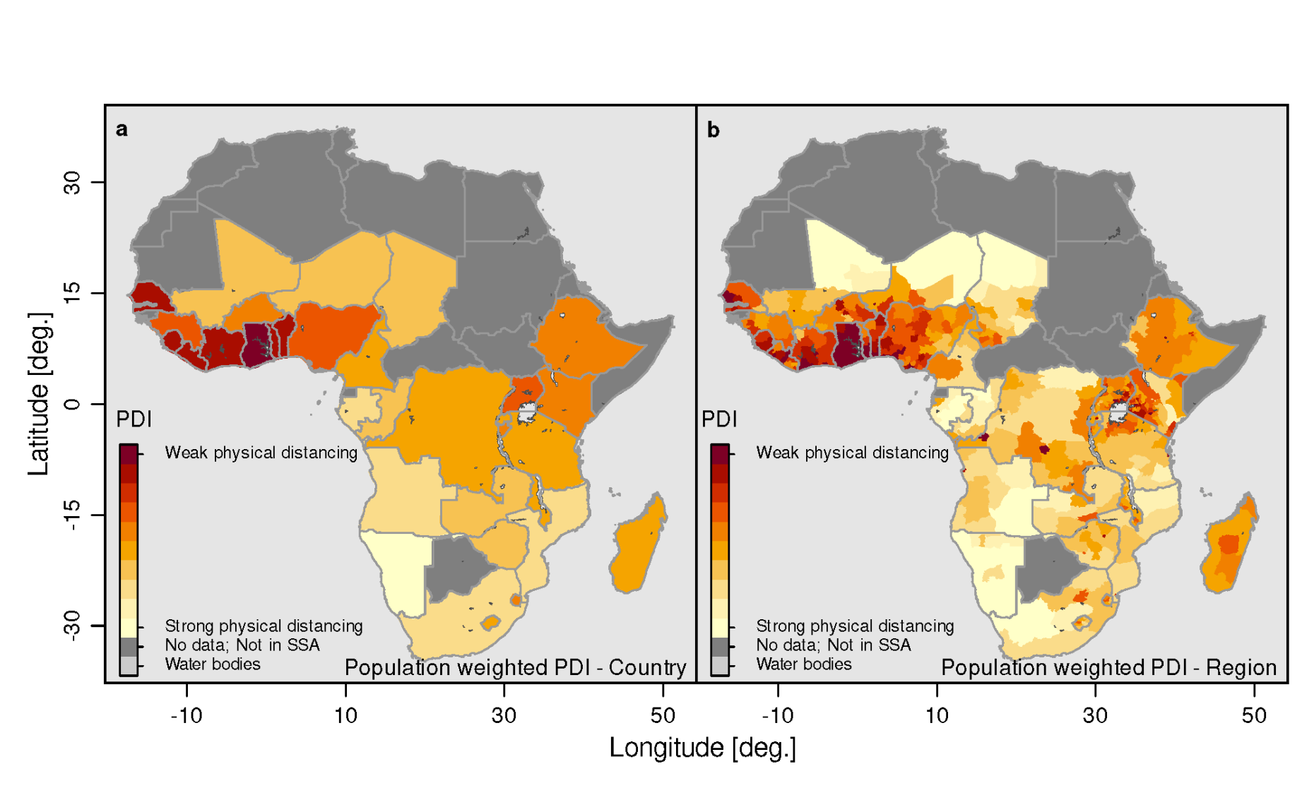 High-resolution risk map of Sub-Saharan Africa. Areas coloured deep red show where the distance rules are more difficult to enforce. (Graphic: Günther et al., Nature Communications)