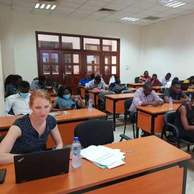 Kathrin Durizzo sitting in a classroom in Ghana