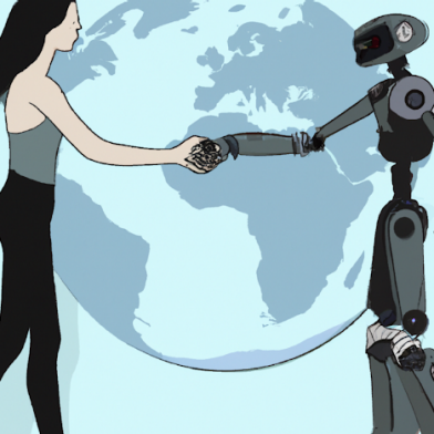 Illustration generated with DALL-E, showin a woman standing in front of a world map, shaking hands with a robot.