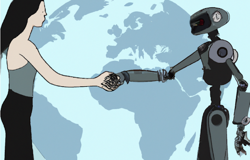 Illustration of a woman standing in front of a world map, shaking hands with a robot.